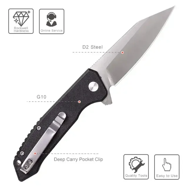 Greatech Knives - Greatech /QY16022/ D2+G10 Folding Pocket Knife (Black)