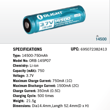 Презареждаема батерия Olight 14500 3,7V 750ma/h