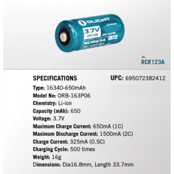 Презареждаема батерия Olight RCR123A 3,7V 650ma/h